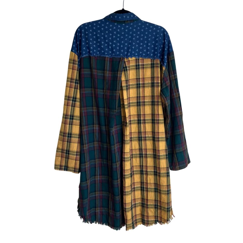 Umgee Sz XL Boho Oversized Patchwork Plaid Button Down Shirt Dress Tunic Raw Hem - Picture 6 of 16